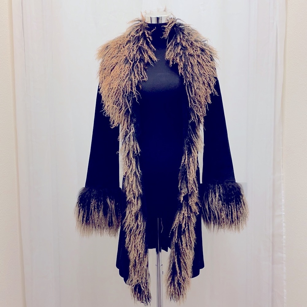 Bebe Suede coat with Mongolian lamb fur trim, XS
